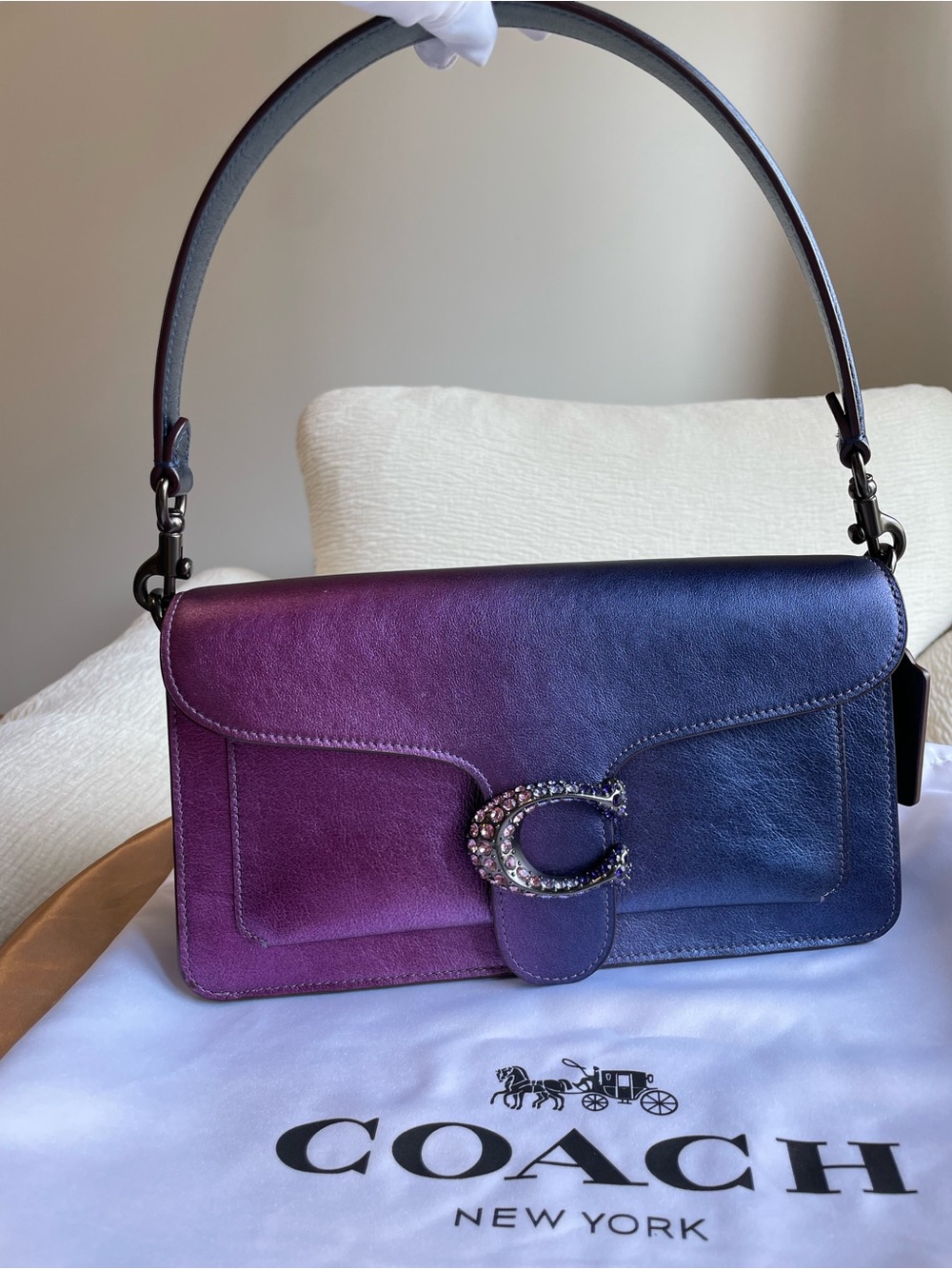 Coach Tabby26 Ombre Purple-Blue Metallic Leather Shoulder Bag Rhinestone Beaded